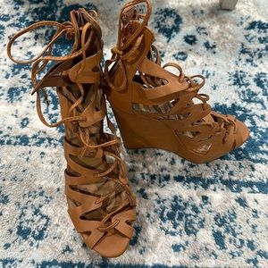 Tan lace up wedge sandals